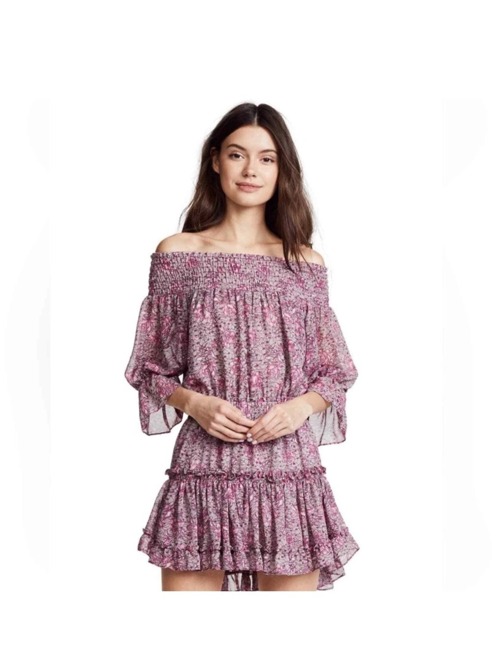 Misa Los Angeles Off Shoulder Pink Purple Floral Print Tiered Mini Dress